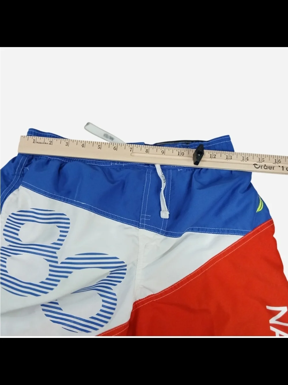 Nautica Navy and White Mesh Lined Swim Shorts Label Detail